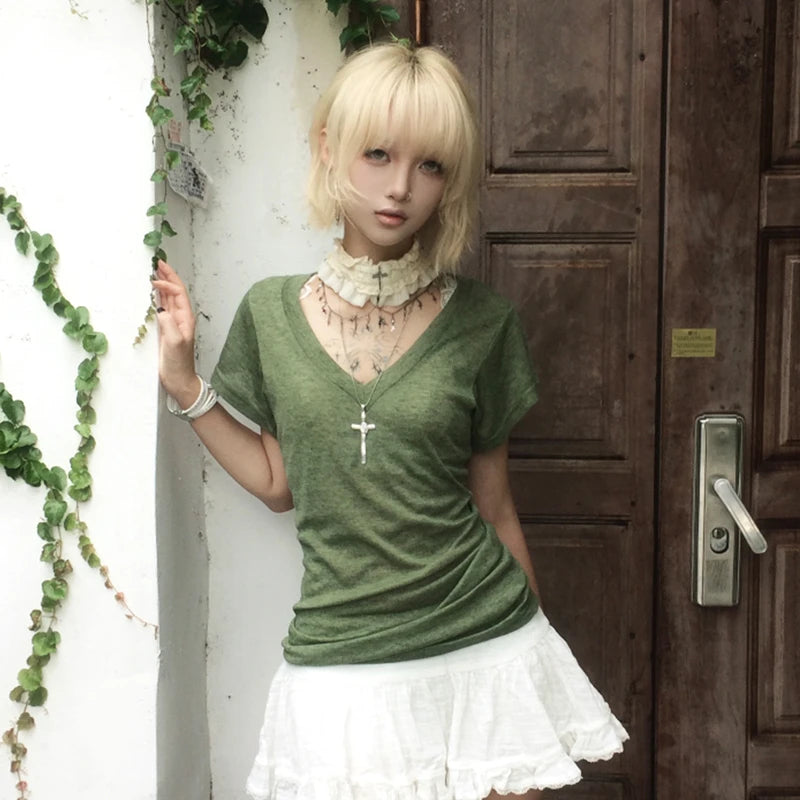 Cathy Dollette Japanese  Green Knitted  Trashy 2000s Style V-neck Top Vintage Harajuku Short Sleeve Tee Shirt American Retro