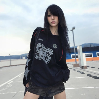 Cathy Dollette Trashy  Jersey TopGrunge s Number Print  Vintage 2000s Long Sleeve Streetwear American Retro 90s