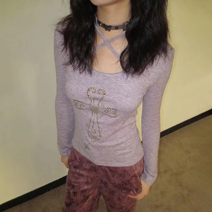 Cathy Dollette Japanese  Knitted TopGrunge s Flare Sleeve s Vintage Harajuku Purple Knitwear American Retro 2000s