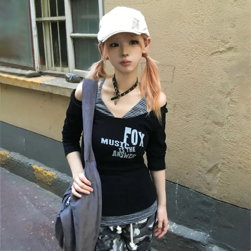 Cathy Dollette Japanese  Fake Two-piece TopTrashy 2000s Off Shoulder  Vintage Harajuku Long Sleeve T Shirts Grunge Gothic