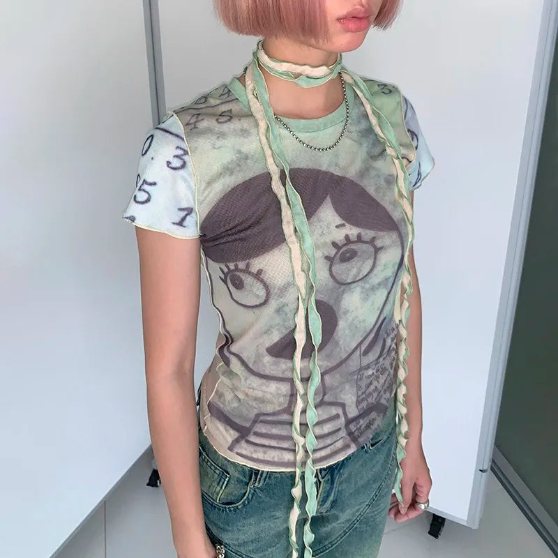 Cathy Dollette Grunge s Mesh Top Cyber Graphic  Harajuku Fairycore Bandage Crop Top 2000s E-girls Sheer TopChic