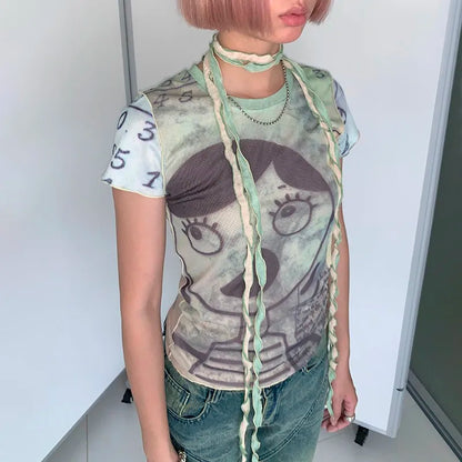Cathy Dollette Grunge s Mesh Top Cyber Graphic  Harajuku Fairycore Bandage Crop Top 2000s E-girls Sheer TopChic