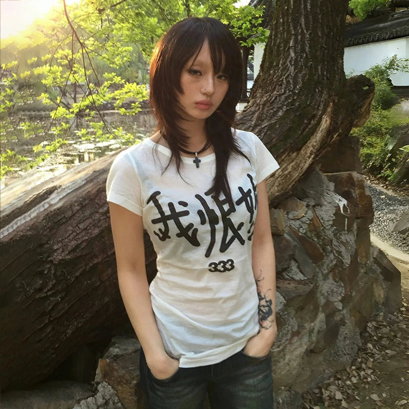 Cathy Dollette Japanese  Letter Print  Trashy 2000s Style Short Sleeve Tee Shirt Grunge s White Top Vintage Harajuku