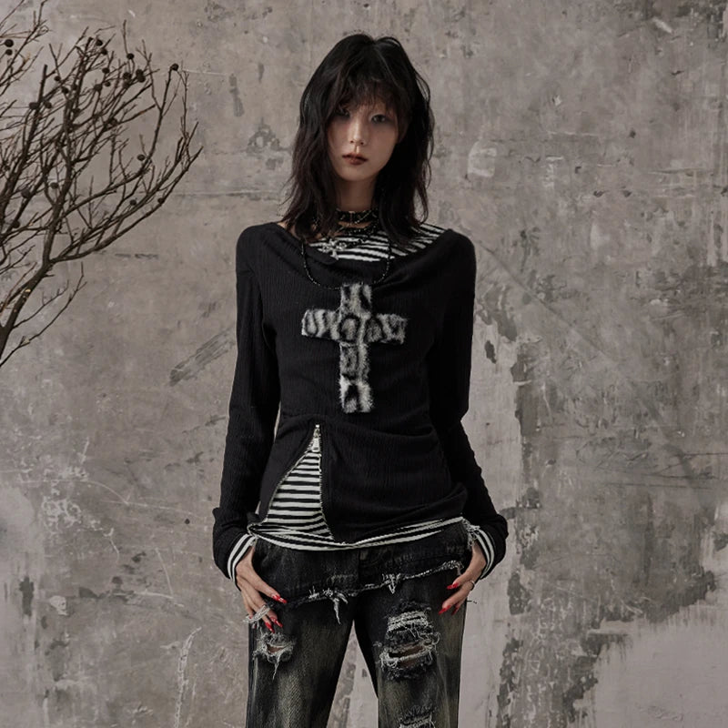 Cathy Dollette Grunge s Fake Two-piece TopTrashy  Long Sleeve Knitted TopWasteland Punk Patchwork TopGothic Vintage