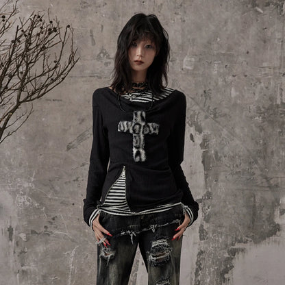 Cathy Dollette Grunge s Fake Two-piece TopTrashy  Long Sleeve Knitted TopWasteland Punk Patchwork TopGothic Vintage
