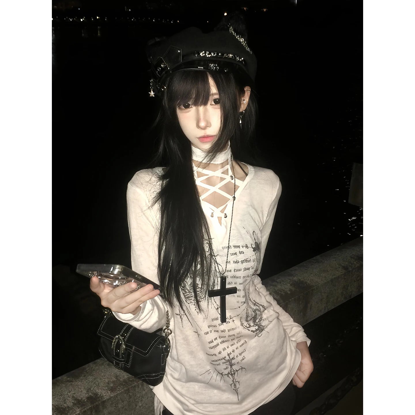 Cathy Dollette Chic Print Graphic T Shirts Woman Lace Up Youthful 2000s Clothes  Long Sleeve Tees Female Clothing  Spring Top