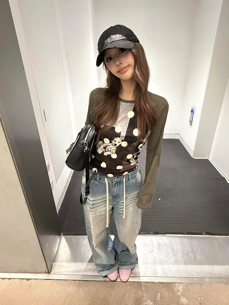Cathy Dollette Harajuku Print Dog Graphic TopLong Sleeve Patchwork    Grunge Top 2000s Tshirts