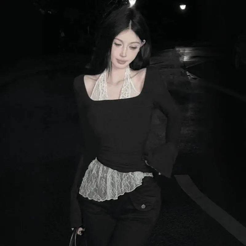 Cathy Dollette Fairycore Patchwork Lace Halter Top's  Long Sleeve Tees Female Clothing 2000s Clothes  Autumn TopChic