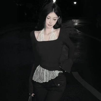 Cathy Dollette Fairycore Patchwork Lace Halter Top's  Long Sleeve Tees Female Clothing 2000s Clothes  Autumn TopChic