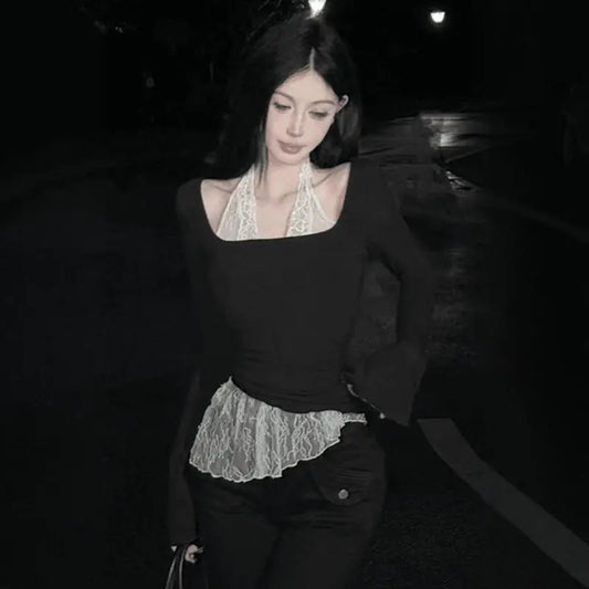 Cathy Dollette Fairycore Patchwork Lace Halter Top's  Long Sleeve Tees Female Clothing 2000s Clothes  Autumn TopChic