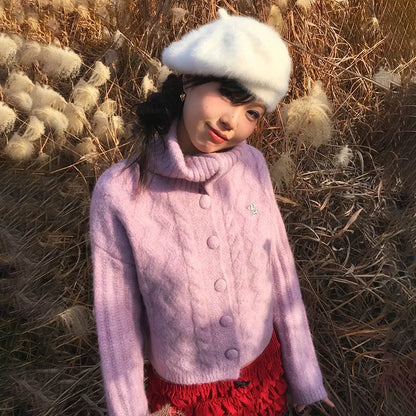 Cathy Dollette Japanese  Turtleneck Cardigans Vintage Korean Style Knitted Sweater 2000s s Pink Winter Knitwear Harajuku