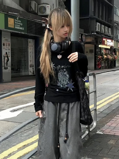 Cathy Dollette Gothic Graphic Top Long Sleeve Black Print   Japanese 2000s  Grunge Top
