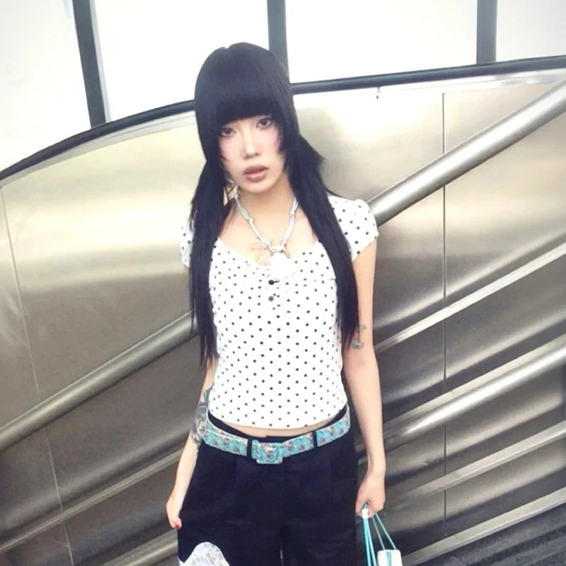 Cathy Dollette Japanese    Slim Polka Dot Crop Short Sleeve Streetwear Fairycore Grunge TopKoren Style Summer