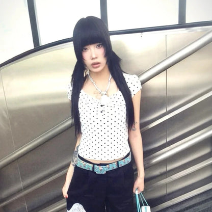Cathy Dollette Japanese    Slim Polka Dot Crop Short Sleeve Streetwear Fairycore Grunge TopKoren Style Summer