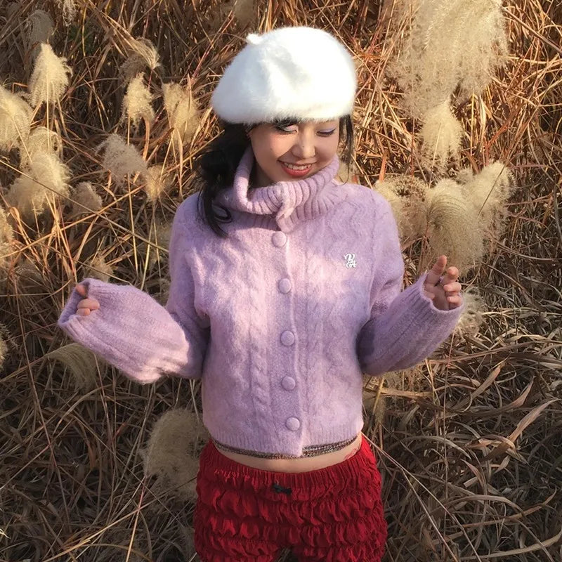 Cathy Dollette Japanese  Turtleneck Cardigans Vintage Korean Style Knitted Sweater 2000s s Pink Winter Knitwear Harajuku