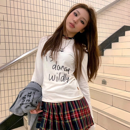 Cathy Dollette Japanese  Letter Print  Vintage Harajuku Long Sleeve T Shirts 2000s s Whiter TopAmerican Retro 90s