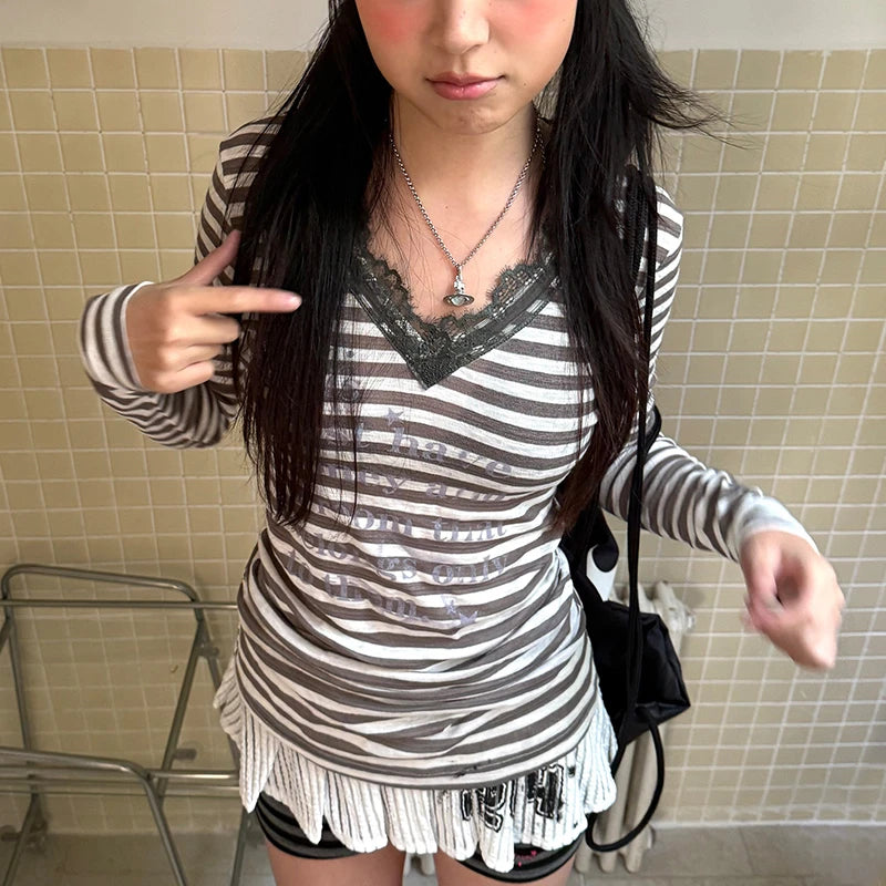 Cathy Dollette Japanese  V-neck Striped  Trashy 2000s Lace Patchwork Top Vintage Harajuku Letter Print T Shirt American Retro