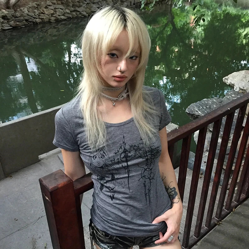 Cathy Dollette Japanese  Anime Tattoo Print  Trashy 2000s Style Short Sleeve T Shirt Vintage Harajuku Streetwear Grunge Retro