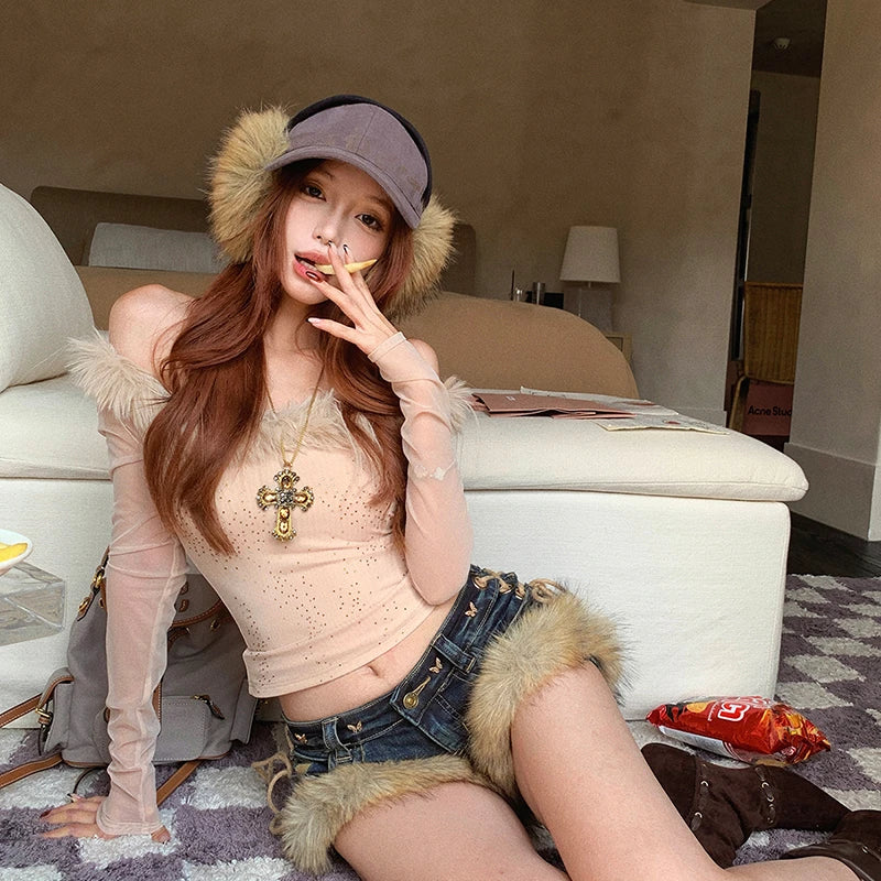 Cathy Dollette  Fairycore T Shirt  Patchwork Fur Off Shoulder Crop TopJapanese 2000s Mesh Top Korean Style Tees