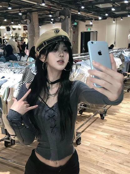 Cathy Dollette 2000s Clothes  Korean Fashion Long Sleeve Autumn TopGoth Tees Female Skinny Hotsweet Slim Chic 's