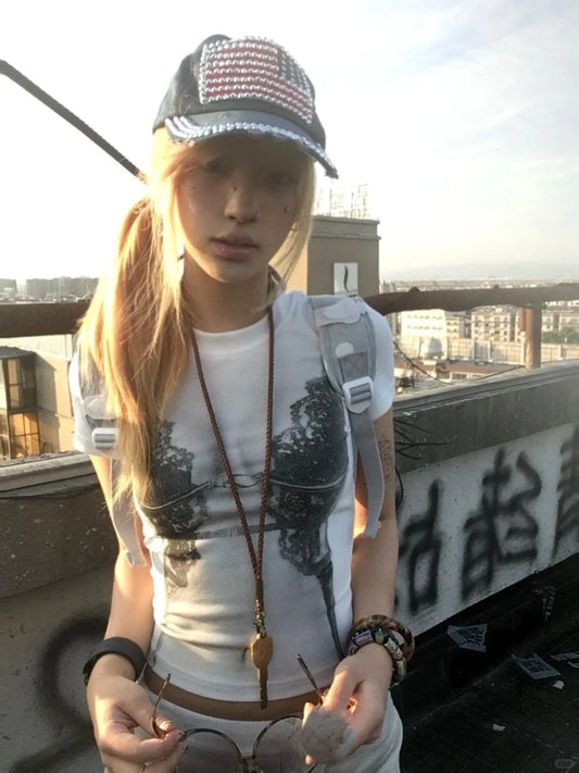 Cathy Dollette Korean Style Print T Shirt  Short Sleeve Slim  Vintage Tee Top 2000s Japanese Grunge TopE-girls