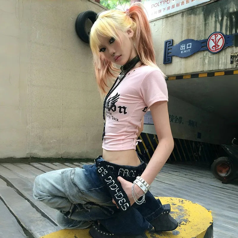 Cathy Dollette Japanese  Letter Print  Trashy 2000s Style Crop Top Vintage Harajuku Pink Tshirt Bandage Backless American 90s