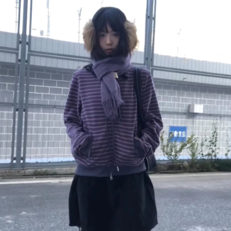 Cathy Dollette Japanese  Purple Striped Cardigan 2000s Style Turtleneck Knitted Jacket Vintage Harajuku Zipper Knitwear Korean 90s