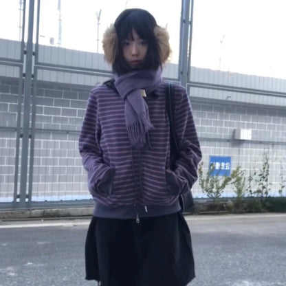 Cathy Dollette Japanese  Purple Striped Cardigan 2000s Style Turtleneck Knitted Jacket Vintage Harajuku Zipper Knitwear Korean 90s
