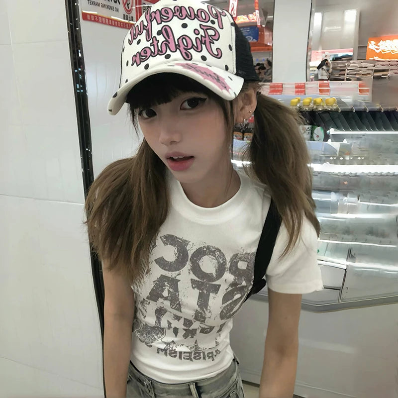 Cathy Dollette Japanese  Letter Print  2000s Style Short Sleeve Crop Top Vintage Harajuku Ribbed Tee Shirt American Retro 90s