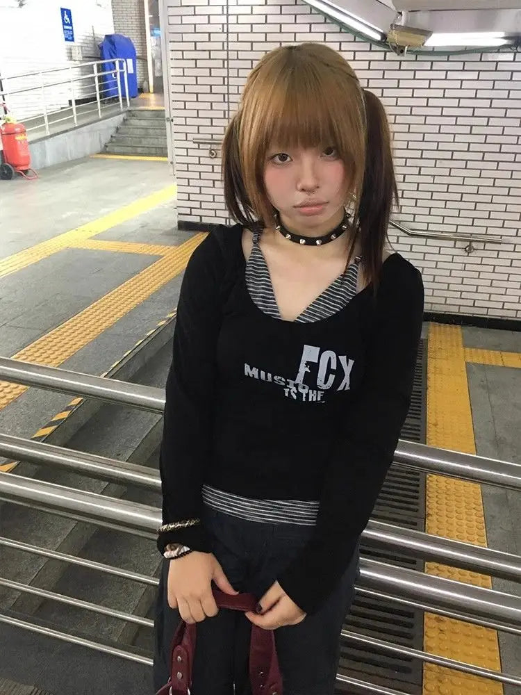 Cathy Dollette Gothic Print T Shirt  Patchwrok Fake Two Pieces Top Vintage Crop Top 2000s Japanese Tshirts Tops