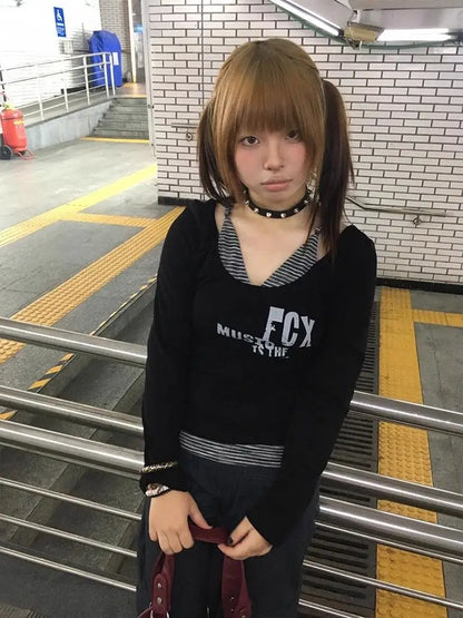 Cathy Dollette Gothic Print T Shirt  Patchwrok Fake Two Pieces Top Vintage Crop Top 2000s Japanese Tshirts Tops
