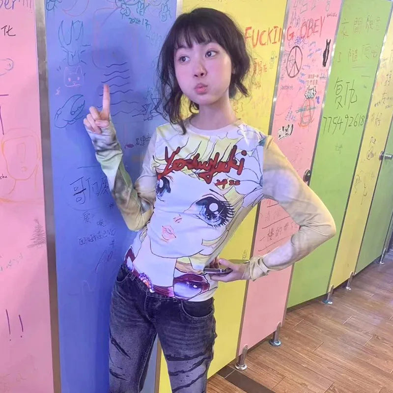 Cathy Dollette Japanese  Anime Print  2000s s Long Sleeve Tee Shirt Vintage Harajuku Slim TopKawaii Lolita T Shirt