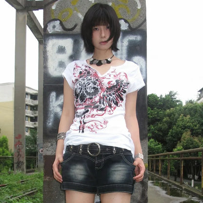 Cathy Dollette Japanese  Tattoo Print  Vintage Harajuku V-neck TopTrashy 2000s Style Short Sleeve Tee Shirt Grunge American