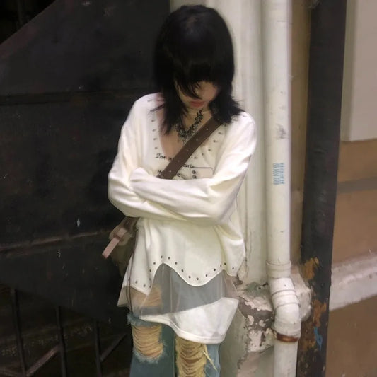 Cathy Dollette Japanese  Patchwork TopGrunge  Irregular Long Sleeve  Vintage Harajuku Oversized Tshirt High Street