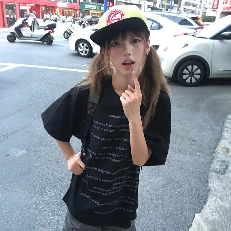 Cathy Dollette Japanese  Letter Print  2000s Style Short Sleeve Black Tee Shirt Vintage Harajuku Streetwear American Retro