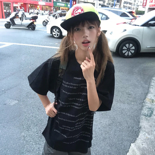 Cathy Dollette Japanese  Letter Print  2000s Style Short Sleeve Black Tee Shirt Vintage Harajuku Streetwear American Retro