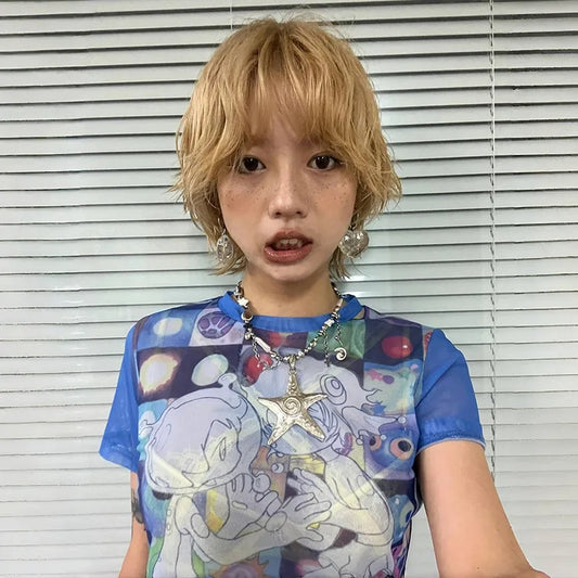 Cathy Dollette Japanese  Anime Print  2000s Harajuku Short Sleeve Mesh Top Vintage s Dreamcore Blue Sheer Top E-girl
