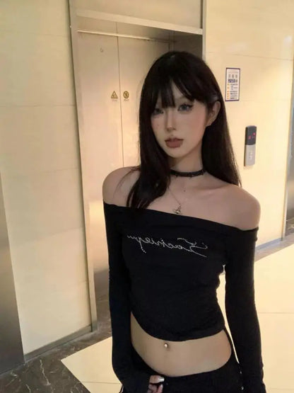 Cathy Dollette Black Graphic T Shirts Off Shoulder Long Sleeve 2000s Clothes  Autumn TopSlim Tees Female Clothing Goth