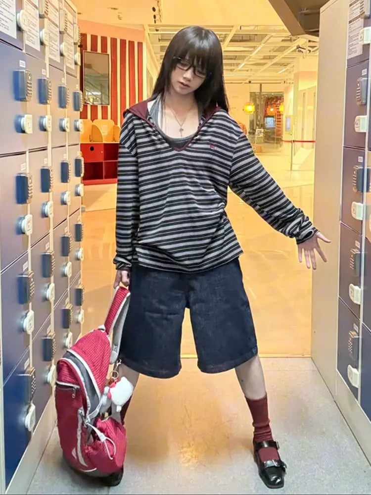 Cathy Dollette American Retro Striped   Casual Loose Hooded Tee TopV-neck  Grunge TopJapanese 2000s Tops