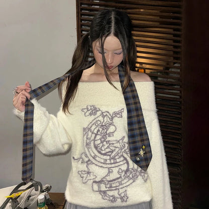 Cathy Dollette Japanese  Embroidered Pullover Vintage Harajuku Thick Knitted Sweater Retro 2000s Style Knitwears Korean Fashion 90s