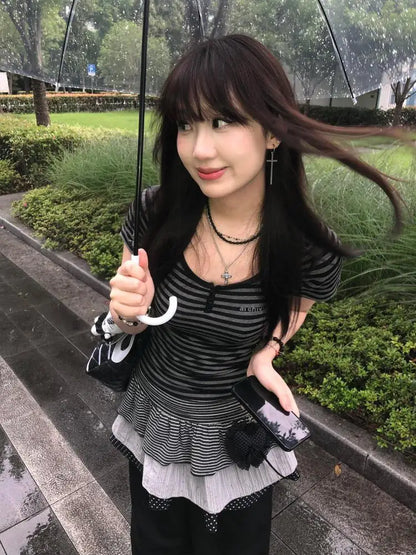 Cathy Dollette Hotsweet Striped 's  Slim Summer Short Sleeve Korean Fashion 2000s Clothes  Tees Female Clothing