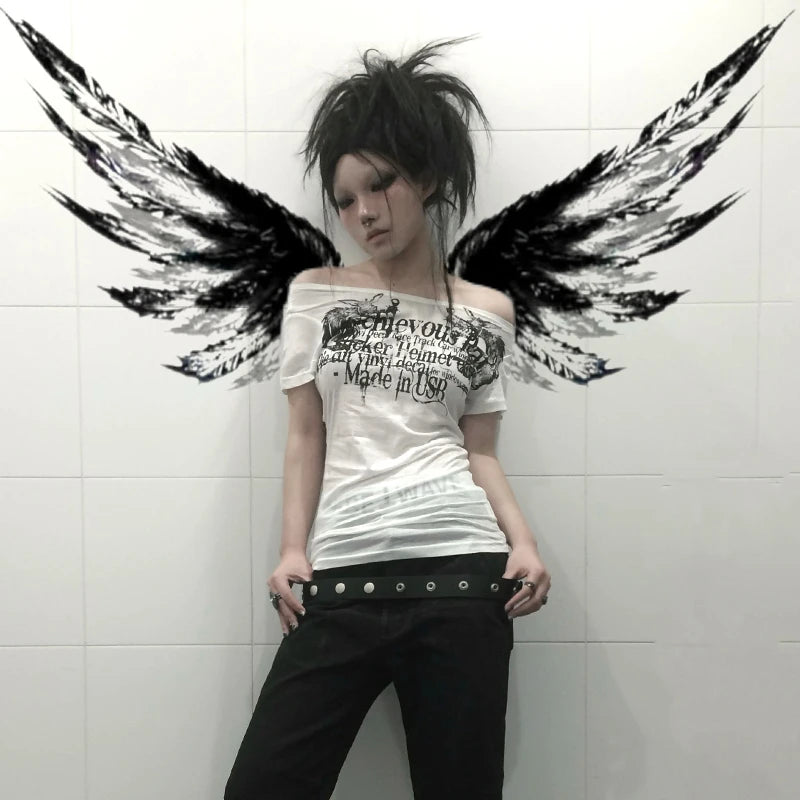 Cathy Dollette Grunge s Tattoo Print  Trashy 2000s Style Letter T Shirt Japanese  White Sheer TopGothic Vintage