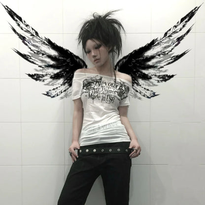 Cathy Dollette Grunge s Tattoo Print  Trashy 2000s Style Letter T Shirt Japanese  White Sheer TopGothic Vintage