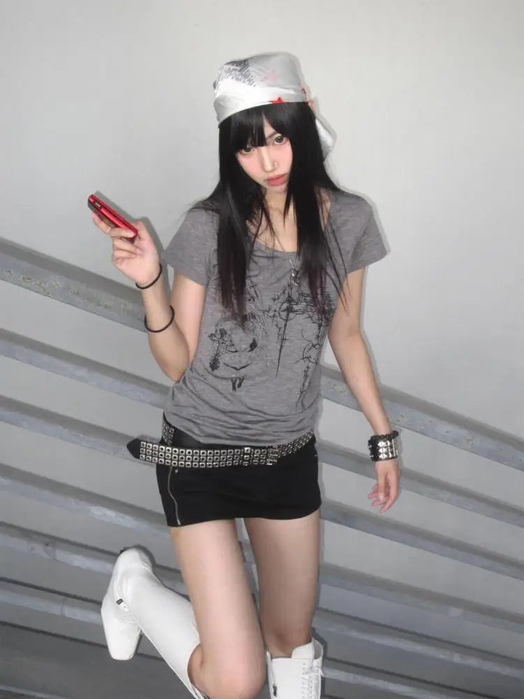 Cathy Dollette Hotsweet Grey Print Graphic T Shirts 2000s Clothes  Short Sleeve Summer Top's  Tees Female Clothing