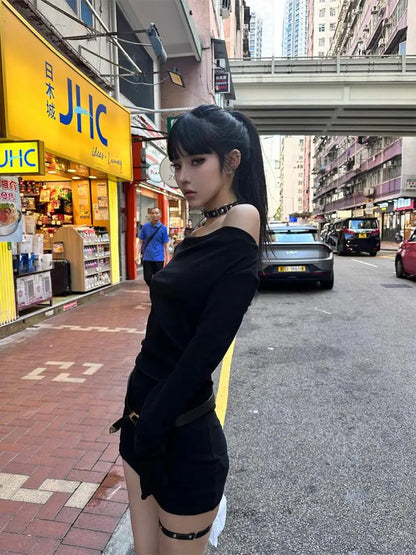 Cathy Dollette Black Slim Sexy Mini Dress  Long Sleeve Autumn Off Shoulder Korean Fashion 2000s  Clothes Party Dresses Chic
