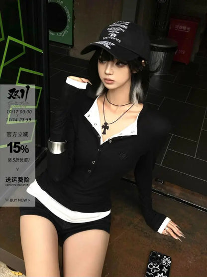 Cathy Dollette Patchwork Fake Two Piece T Shirt  Clothes Long Sleeve Gothic 2000s Clothes  Tees Female Clothing Autumn Tops