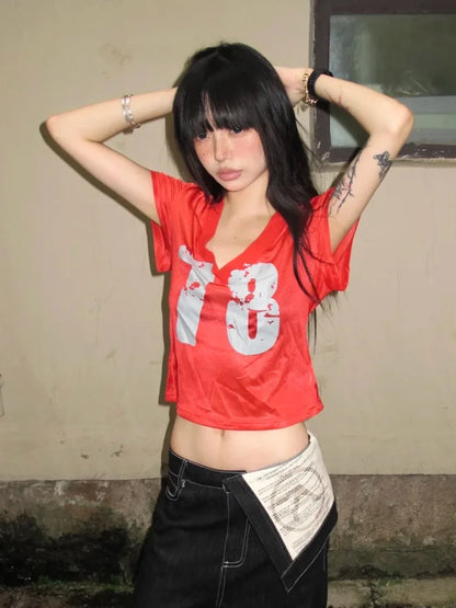 Cathy Dollette  Vintage   Short Slevee Print Graphic Top Japanese 2000s Tee TopCasual V Neck Tshirts