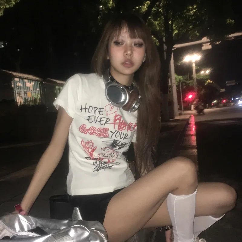 Cathy Dollette Japanese   s 2000s Graffiti TopHarajuku Graphic Print Short Sleeve Tshirt E-girls Goth Tees Grunge