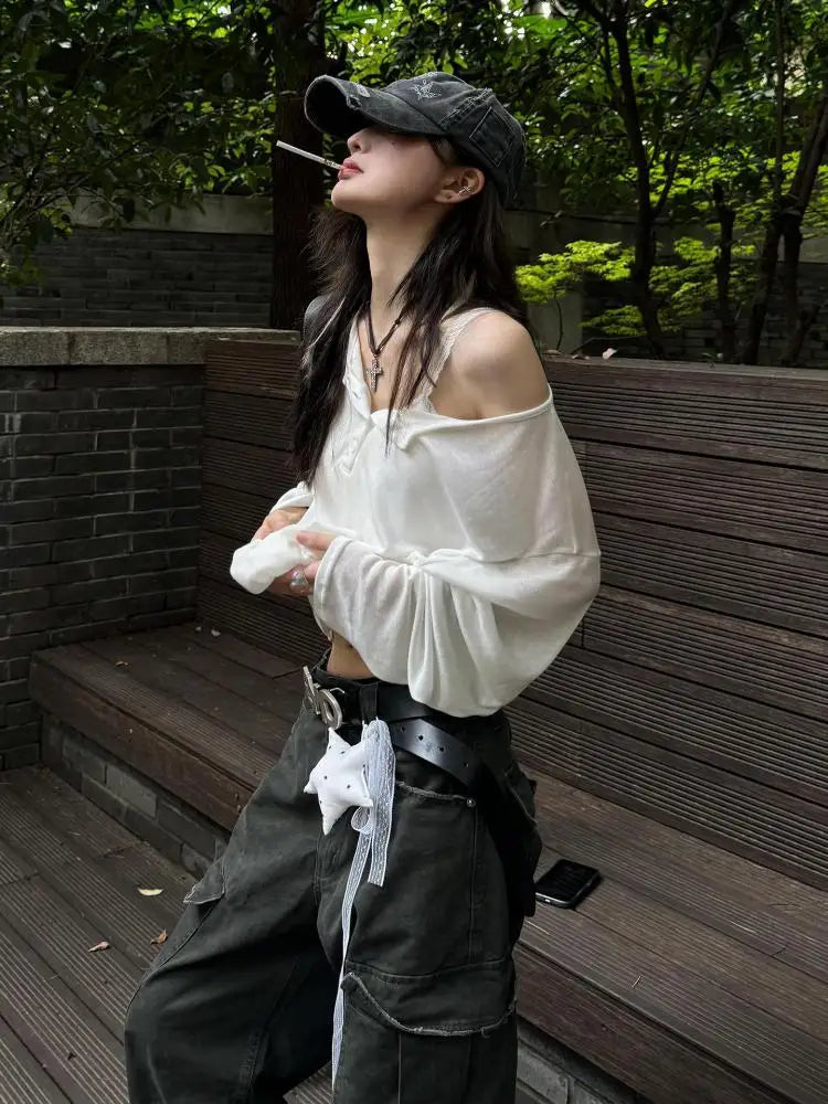 Cathy Dollette Hotsweet Loose Solid 's  See Through Long Sleeve Autumn TopKorean Fashion 2000s Clothes  Tees Female