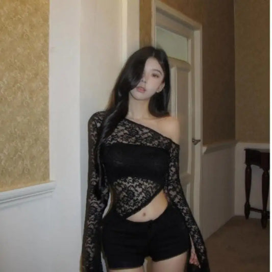 Cathy Dollette Sexy Black Lace T Shirt  Off Shoulder Flare Sleeve  Vintage Crop Top Skinny Fairycore See Through